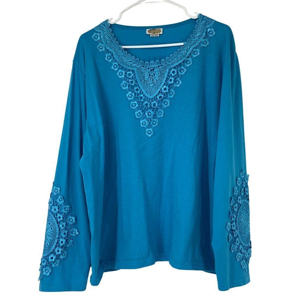 Womens Collections ETC Blue Embroider Lace Tshirt Top Long Sleeve XXL 3087